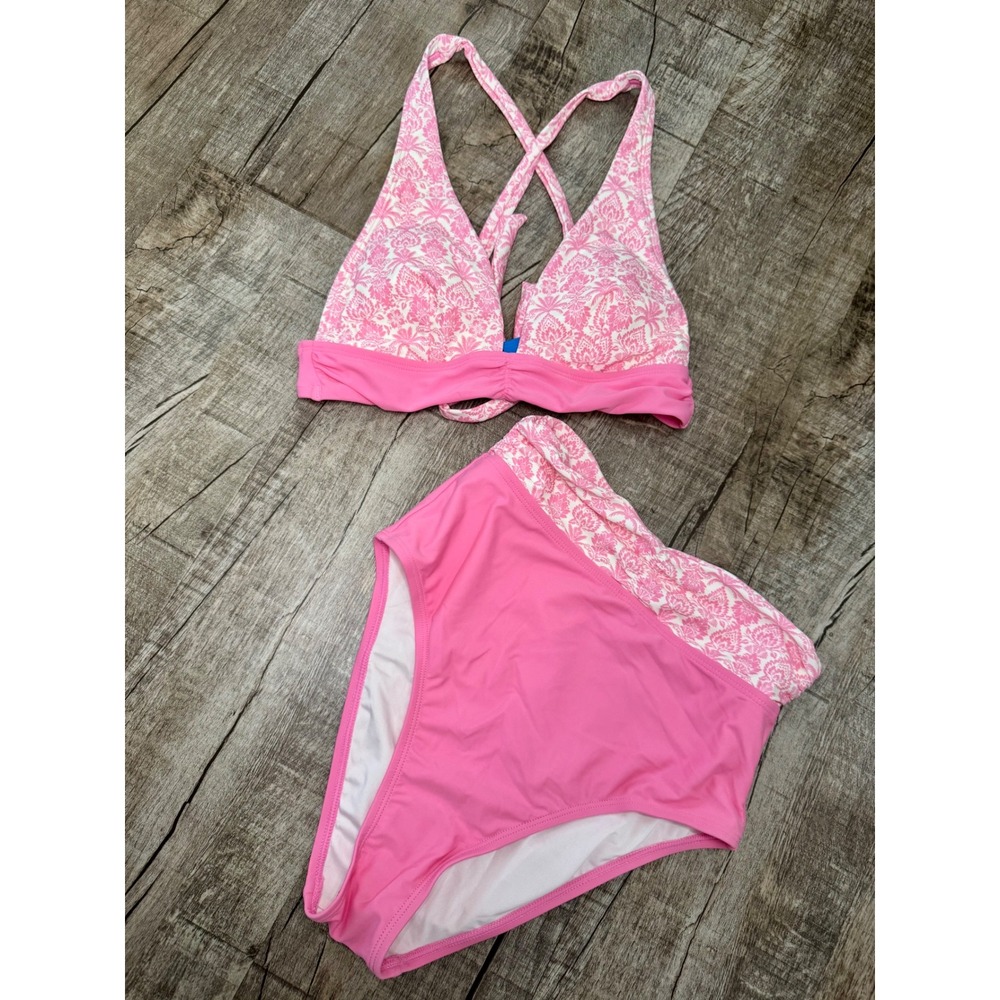 Cupshe Pink White Floral Damask High Waisted Bikini Set Small DAA12C6A093DD